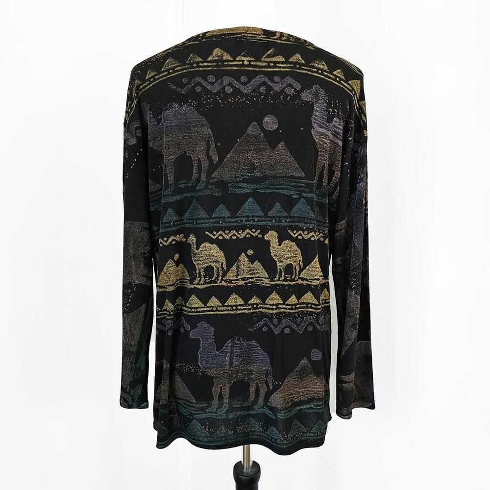 Vintage Las Cafa Medium 90s Desert Oasis Long Sleeve Black Pyramid Camel Shirt - Picture 4 of 5